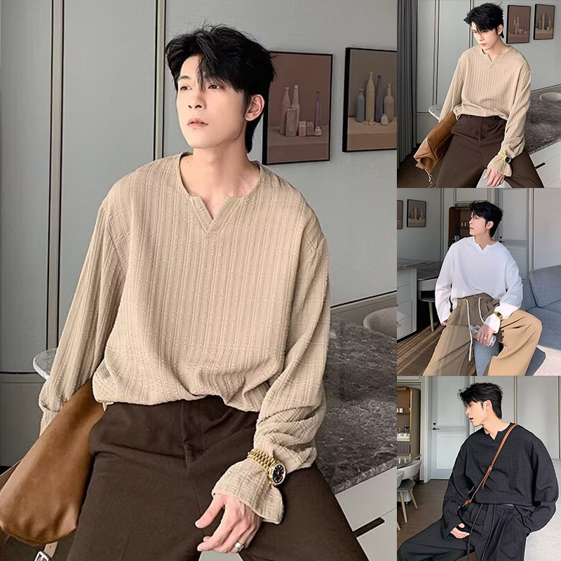 Otoño e invierno nuevo estilo camiseta de manga larga con cuello en V textura masculina avanzada principios de otoño estilo de Hong Kong marea floja comercio exterior transfronterizo al por mayor