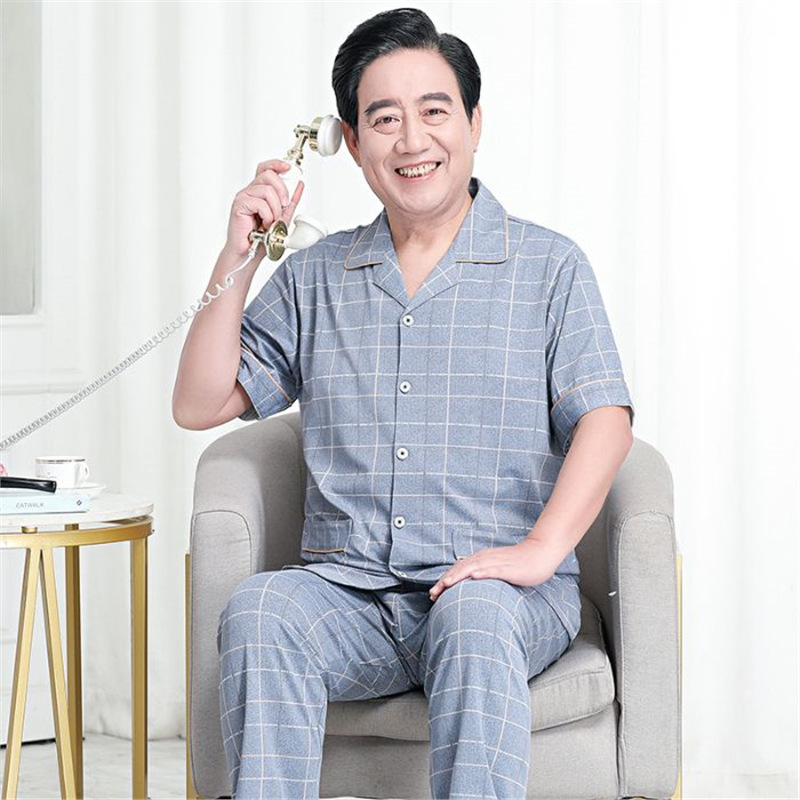 Pajamas de algodón delgado de manga corta para hombres, pajamas de verano, abuelos, padres, pajamas de verano, cuadros