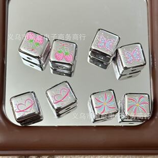 Cartoon Print Four-sided Square Y2K silver Department Graffiti Square DIY Homemade Mobile Phone Rope Bracelet Necklace Jewelry