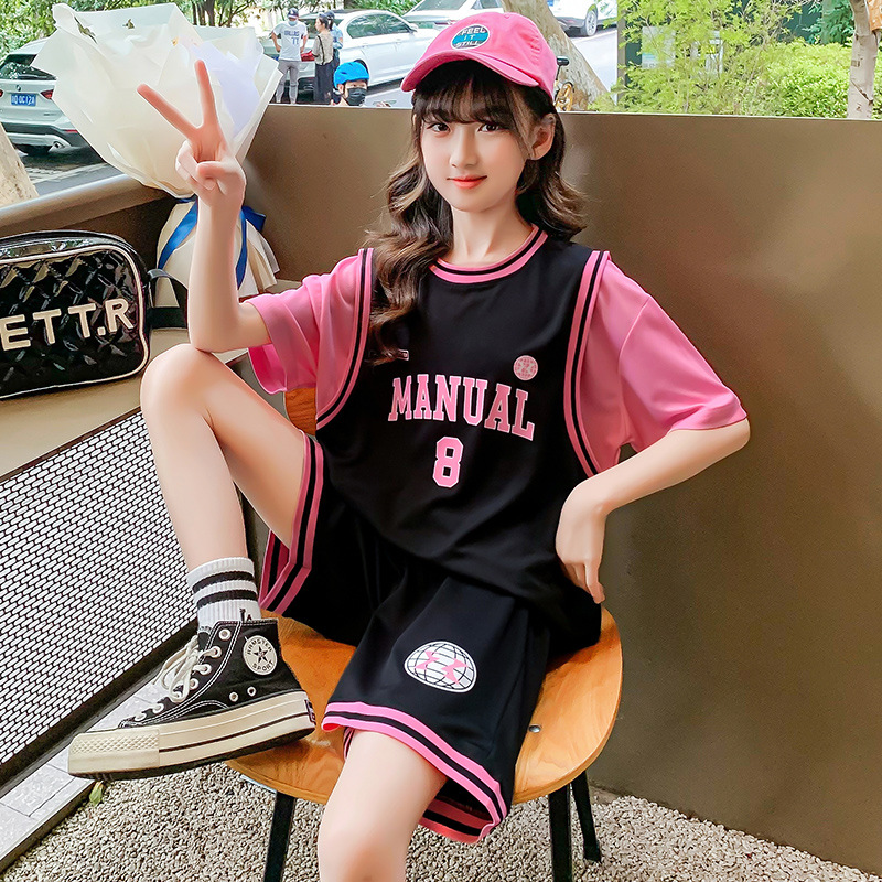 Girls' Basketball Suit Fake Two-piece Short-sleeved No.8 Jersey Elementary School Students' Team Training Suit Quick-drying Sports Suit Stylish