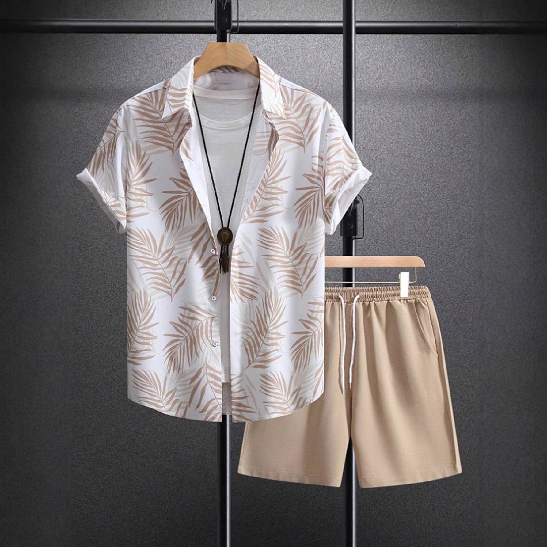 Hong Kong Style Men's Casual Sports Beach Short-Sleeved Shirt Shorts Suit