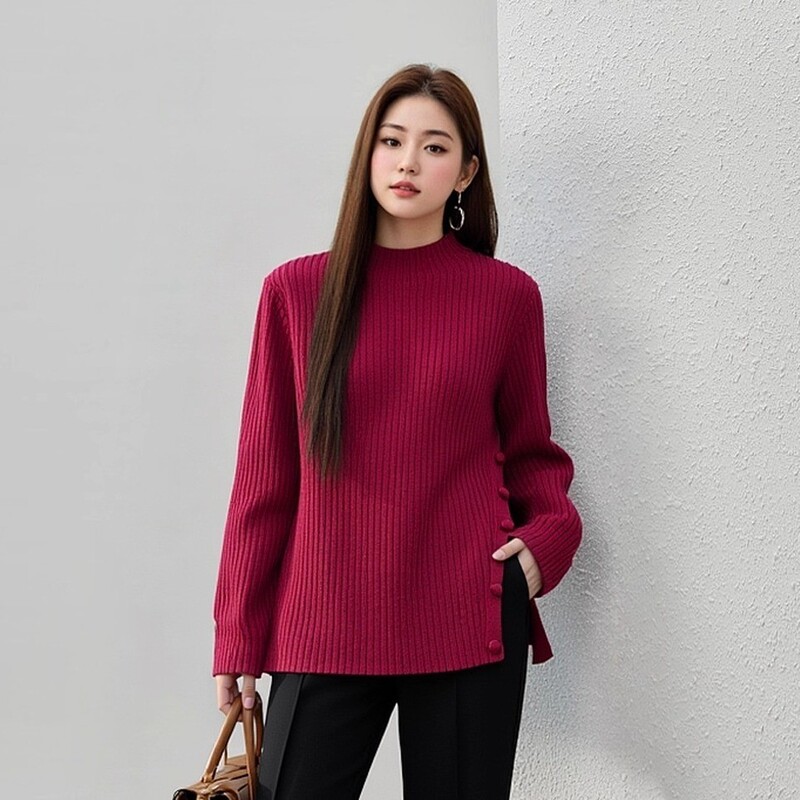 Plus-Size Sweater with Slit Hem, Loose Top 100kg for Chubby Women, Half-High Collar Versatile Fashion Base Shirt 9179