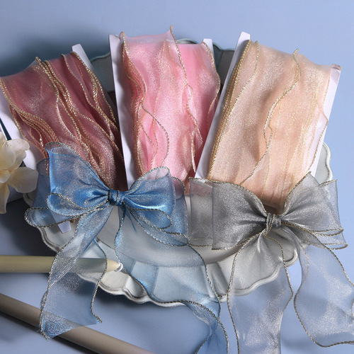 Gold edge mermaid tail yarn ribbon snow gauze bouquet packaging bow handmade material wave ribbon flowers floral art
