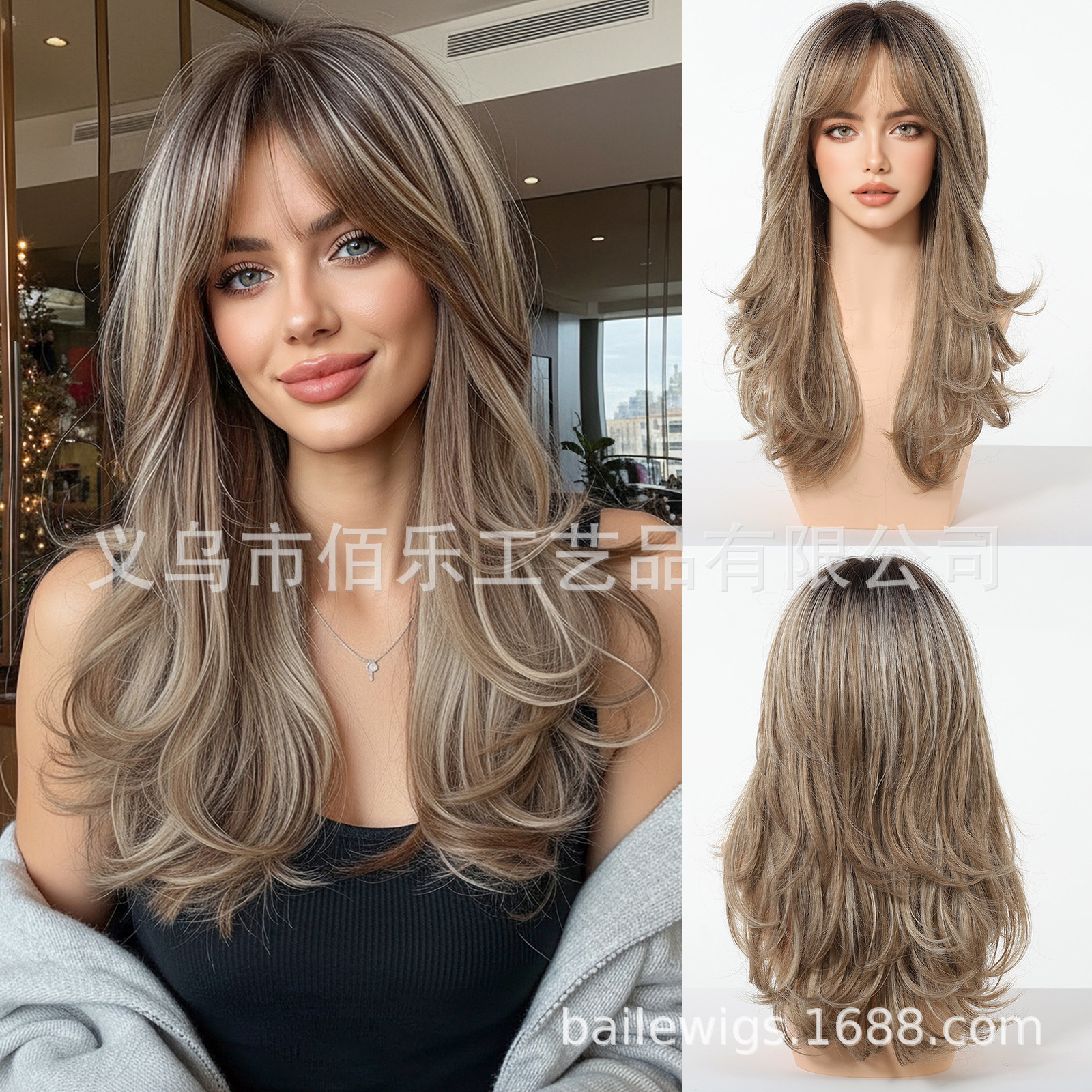 Peruca de mujer cubierta de cabeza marrón Qi Liuhai cabello largo rizado fibra química cabello de mujer al por mayor al por mayor punto transfronterizo Xu Chang pelucas