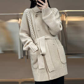 2025早春新款100%纯羊毛开衫女翻领宽松毛衣气质显瘦针织外套上衣