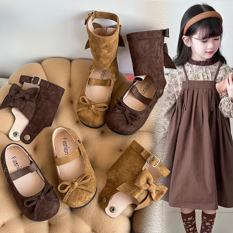 2025 New Winter Girls' Niche Fashionable Bow Detachable Mid-Calf Boots Ballet Flats Mid-Calf Socks