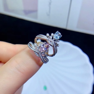 Explosive Simple Fashion 925 Silver Set Natural Morganite Aquamaro Ring Water Drops Sweet Design Sense Niche