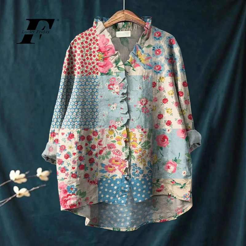 2025 Summer New Style Temu Amazon Aliexpress Loose Printed Casual Large Size Lace Women's Shirt E888