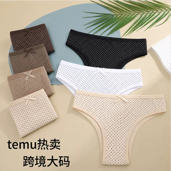 Polka Dot Brazilian Cut Women's Panties with Bow, Half-Hip-Covering Low-Waist Cotton-Spandex Plus Size Triangle Briefs for Cross-Border Dropshipping