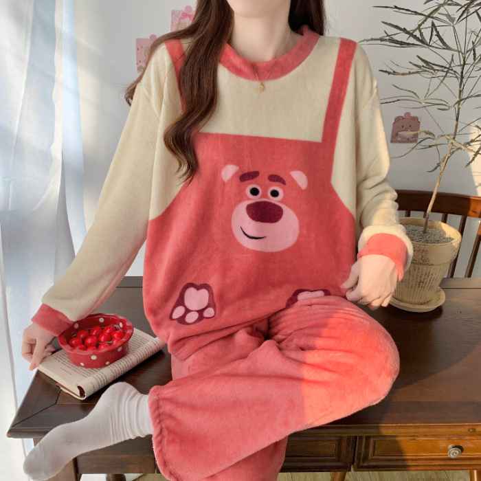 Pijamas de mujeres otoño invierno de franela lindo dibujo animado 2023 nuevo coral de lana gruesa falda cálida ropa para el hogar