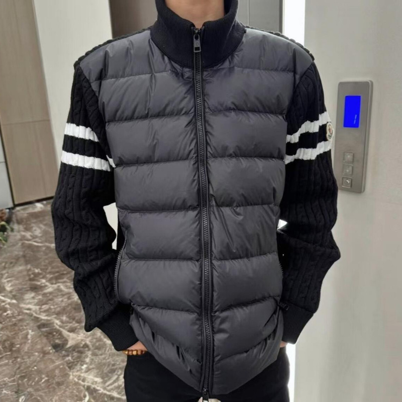 M brand double stripe knitted stand-up collar wool patchwork jacket Moncler light down jacket for men and women Padded M brand double stripe knitted stand-up collar wool patchwork jacket Moncler light down jacket for men and women Padded