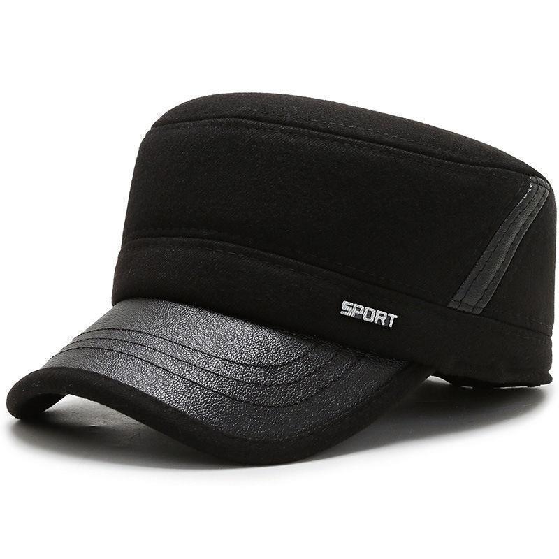 Leather brim flat hat—black