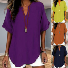 亚马逊欧美跨境女士优雅V领休闲上衣 春夏秋 季短袖衬衫 宽松版型