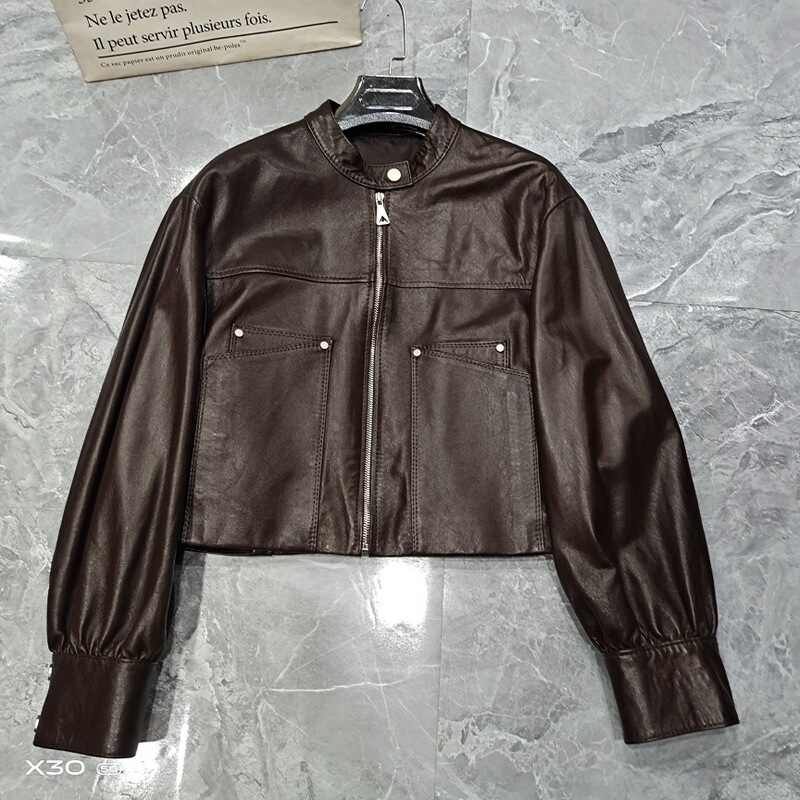 Autumn Short Wax Genuine Leather Jacket, Sheepskin Stand Collar, New Style for Women, Oil Sheep Suede, Petite Style