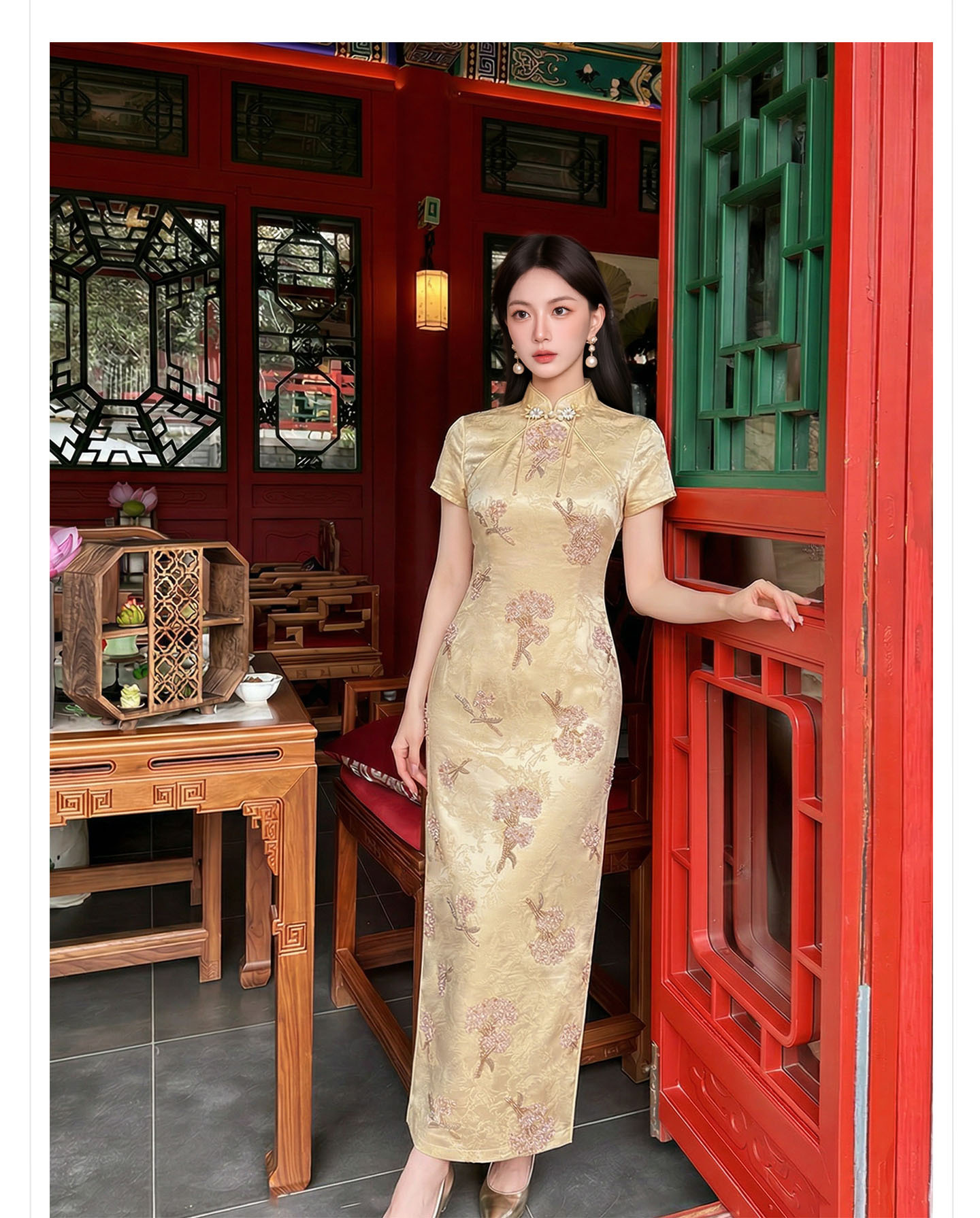 Đầm maxi nữ thêu ren hoa cổ trụ cài khuy, phong cách tân cổ điển — màu vàng chi tiết 6