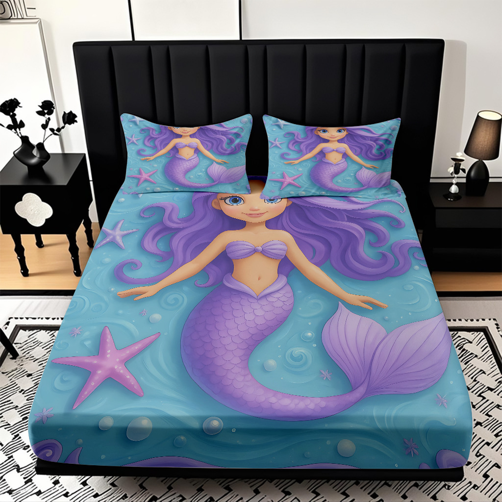 JIT modo Temu 3D impresión de caricatura sirena cama textil casera camisa ropa de cama tres piezas set transfronterizo mayorista