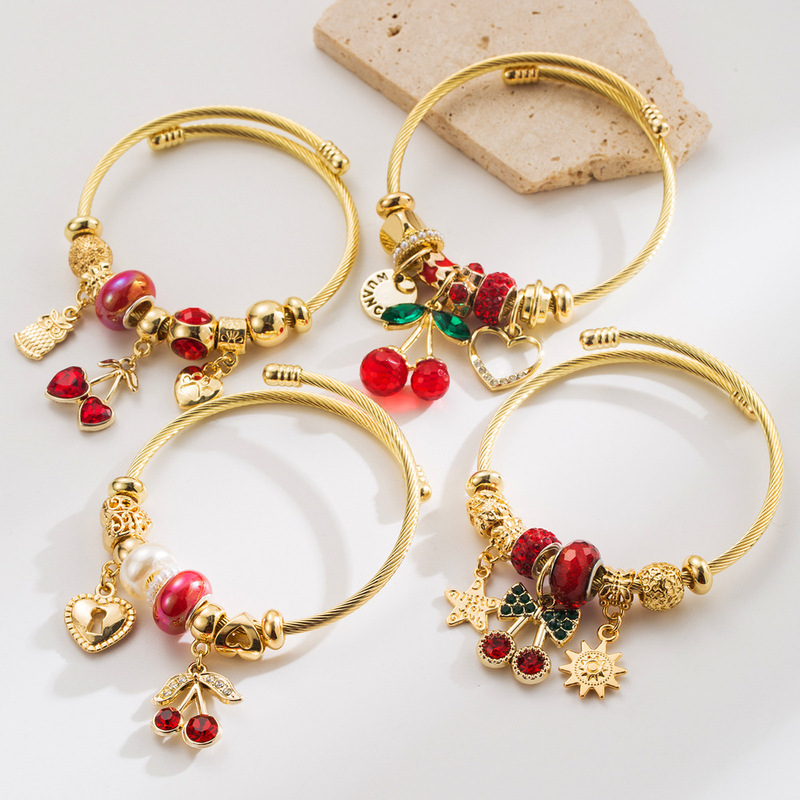 Panjia Fashion Gold Stainless Steel Bracelet Crystal Beaded Cherry Owl Star Sun Diamond Pendant Bracelet