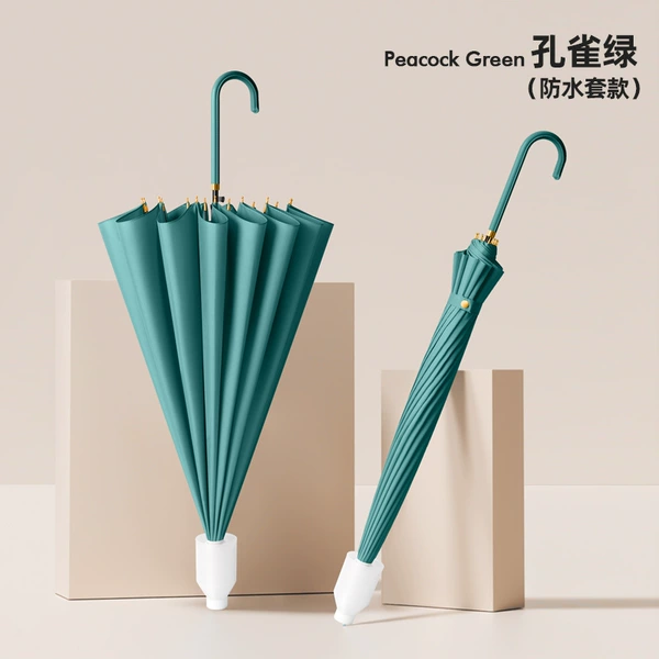 Peacock Green Belt Waterproof Cover-16 Bone Skin Bend Stand-Fiber Wind-Resistant Umbrella Bone