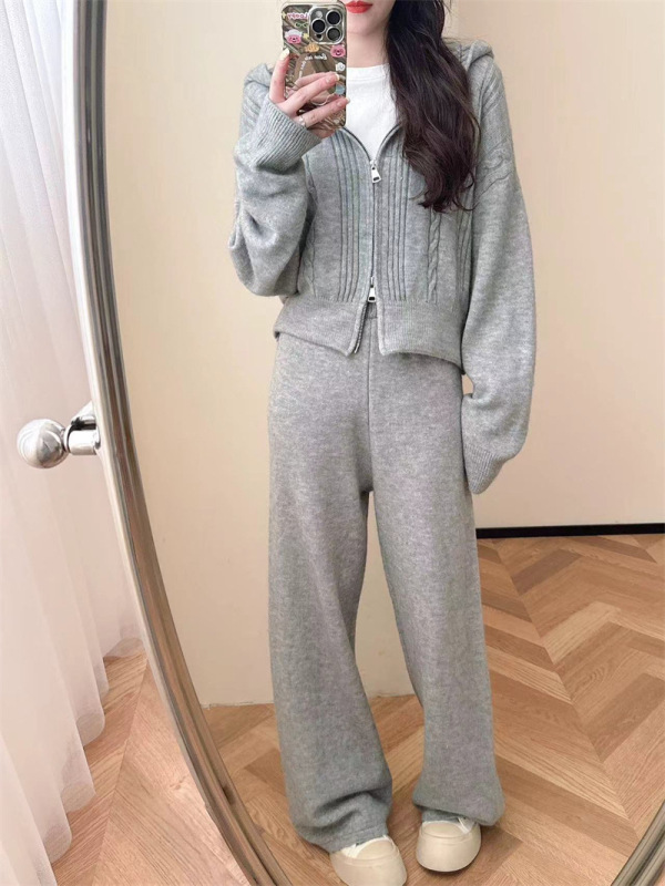 秋冬款时尚新品休闲连帽针织拉链开衫毛衣阔腿裤套装女宽松慵懒风|undefined