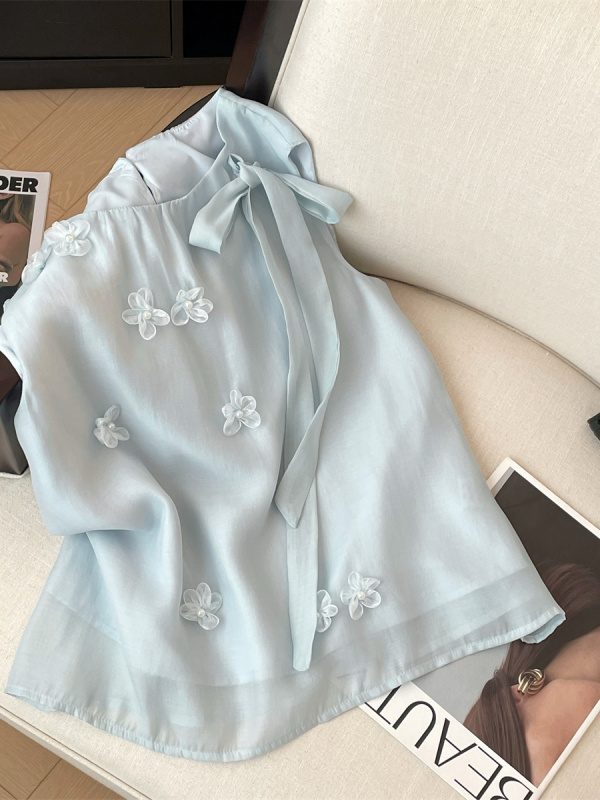 女性が外で着用できる夏のジャカードリボンノースリーブトップベスト、ゆったりとスリムでお腹をカバーするエレガントなベビードールシャツ|undefined