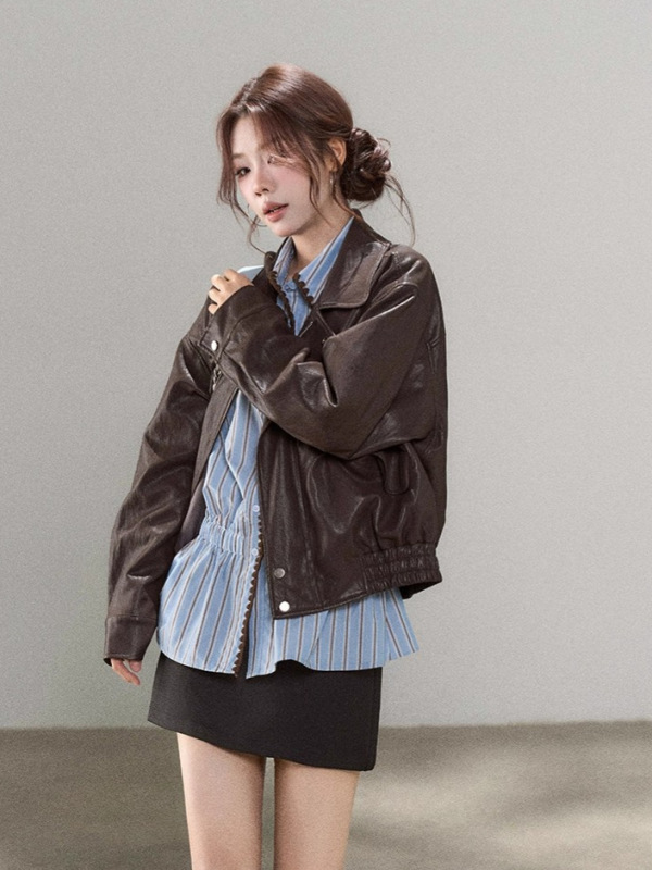 一颗小野莓美式棕色高级感皮衣外套女2025秋季新款设计感短款夹克|undefined