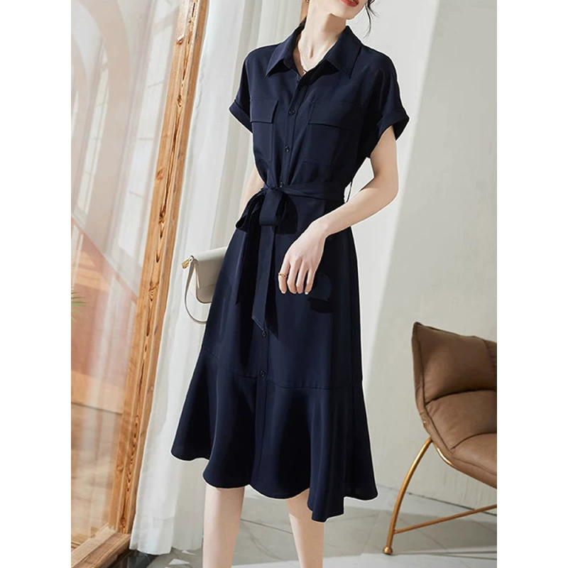 Элегантное платье для женщин, лето 2025, новый французский стиль, повседневное платье-рубашка, элегантный силуэт, стройнящее, юбка