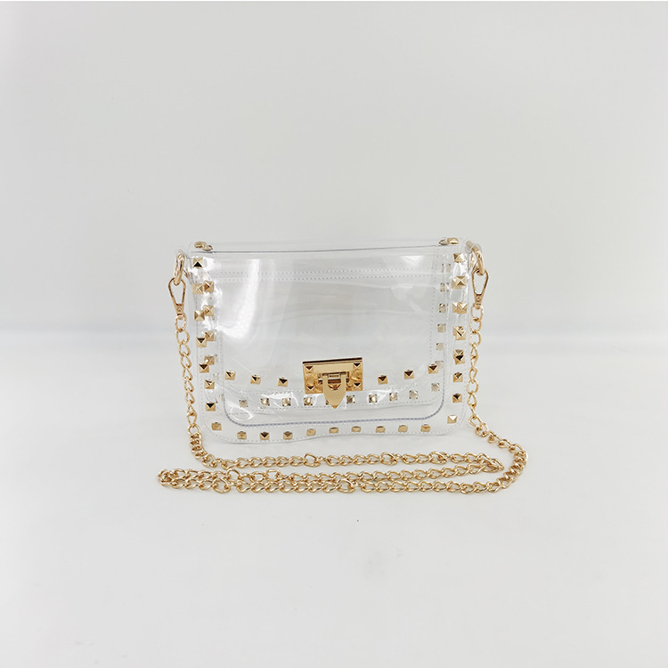 2023 New European and American Jelly Bag Rivet Decorative Transparent Bag Shoulder Crosbody Bag Chain Amazon Cross-border Fashion
