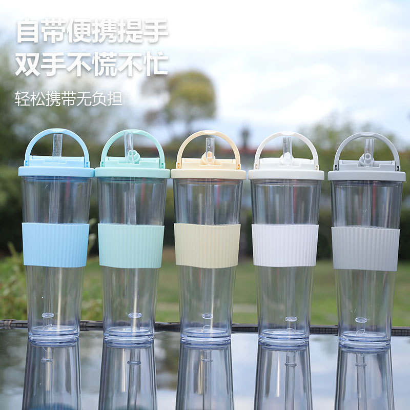 Nuevas tazas de paja de doble cubierta de bebida, tazas de plástico portátiles de alta calidad de verano al aire libre, tazas de agua de grado alimenticio