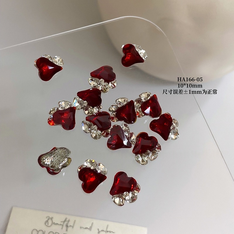 新年款安可拉红美甲饰品成品堆钻红色爆闪爱心直角合金指甲装饰钻|undefined