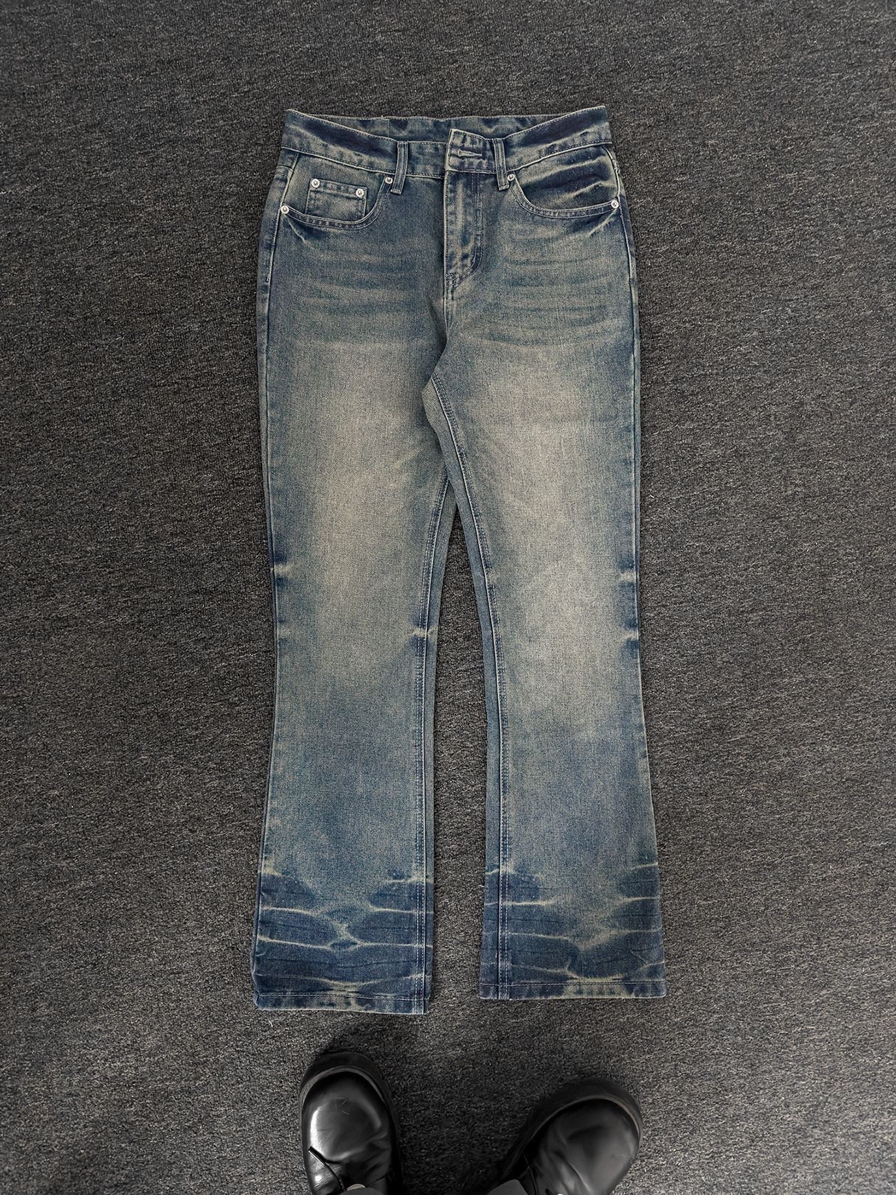 2025 American Retro Washed Blue Flared Jeans Trendy Brand Men's High Street Drape Cleanfit Pants_mkmklike.com