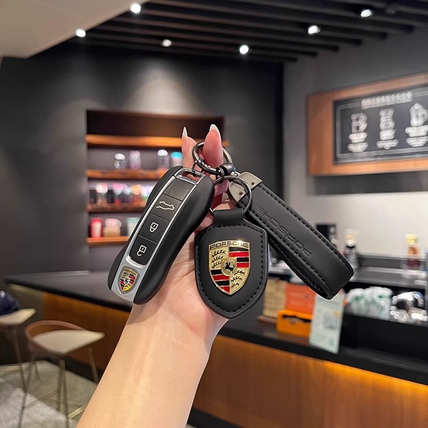 Genuine Leather Key Case for Porsche Cayenne Macan 911 Panamera 718 Taycan