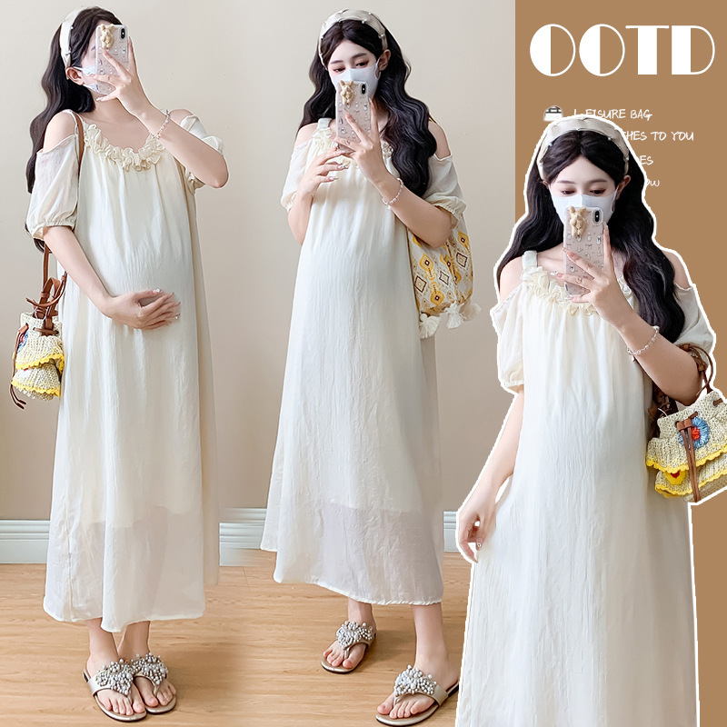 French-Style Maternity Wear, Vacation-Style Beach Dress with a Rich Look, Sexy Loose-Fitting Unique Beautiful Off-Shoulder Fairy Long Dress French-Style Maternity Wear, Vacation-Style Beach Dress with a Rich Look, Sexy Loose-Fitting Unique Beautiful Off-Shoulder Fairy Long Dress