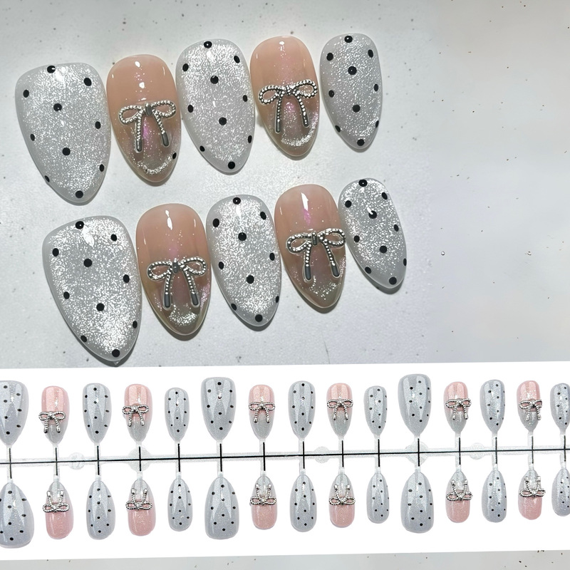 Gray Gradient Chunky Powder Cat Eye Sparkling Wearable Nails with Metallic Bow Cross-Border European and American Hailey Nail Art Stickers