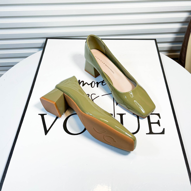 5881 Square Toe Shallow Mouth Thick Heel Flats for Women 2024 New Elegant Professional Versatile Green High Heels