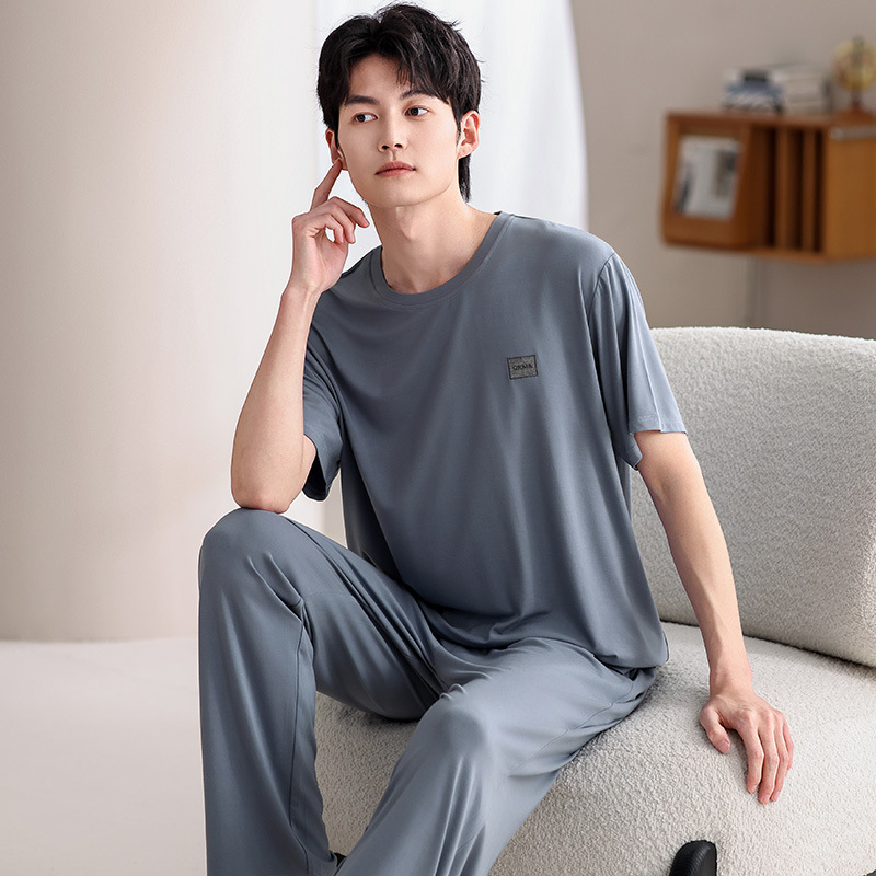 여름 라운드 넥 반팔 바지 잠옷 남성용 모달 코튼 풀오버 루즈 플러스 사이즈 청소년 소년 홈웨어