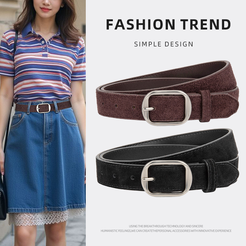 Matte 2.8cm Wide Women's Genuine Leather Belt, Cowhide Suede Trim For Jeans, High-End Pin Buckle British Retro Style