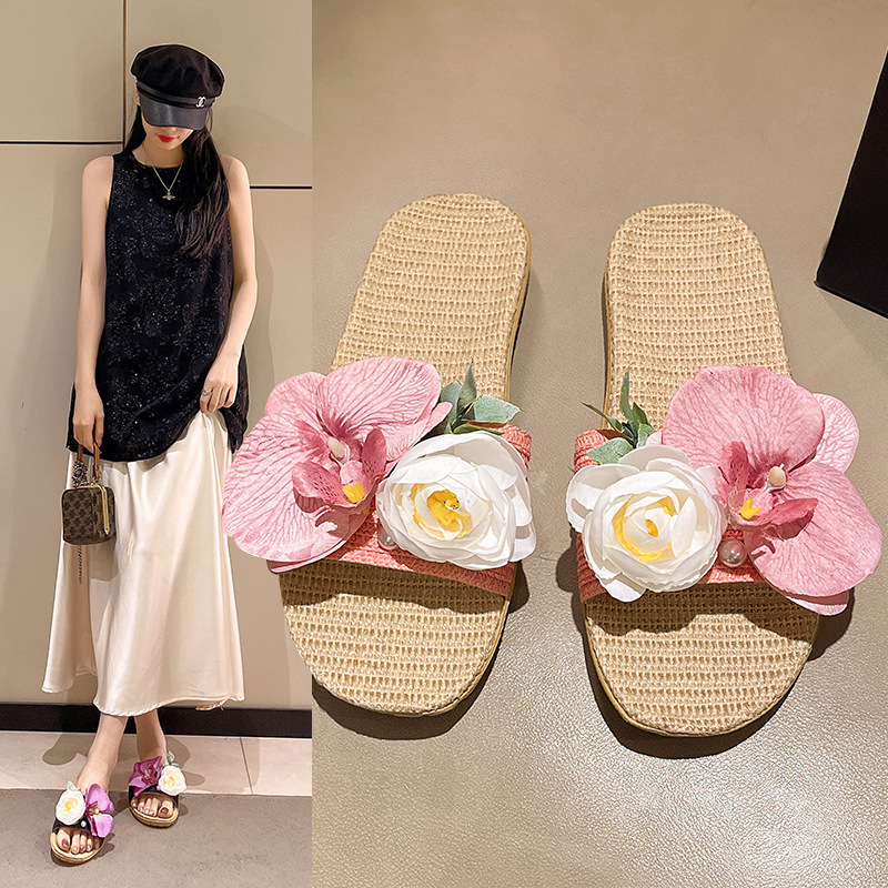 Summer Elegant Lady Butterfly Orchid Linen Sandals Girly Heart Non-Slip Home Cute Can Be Worn Outside Flat and Comfortable