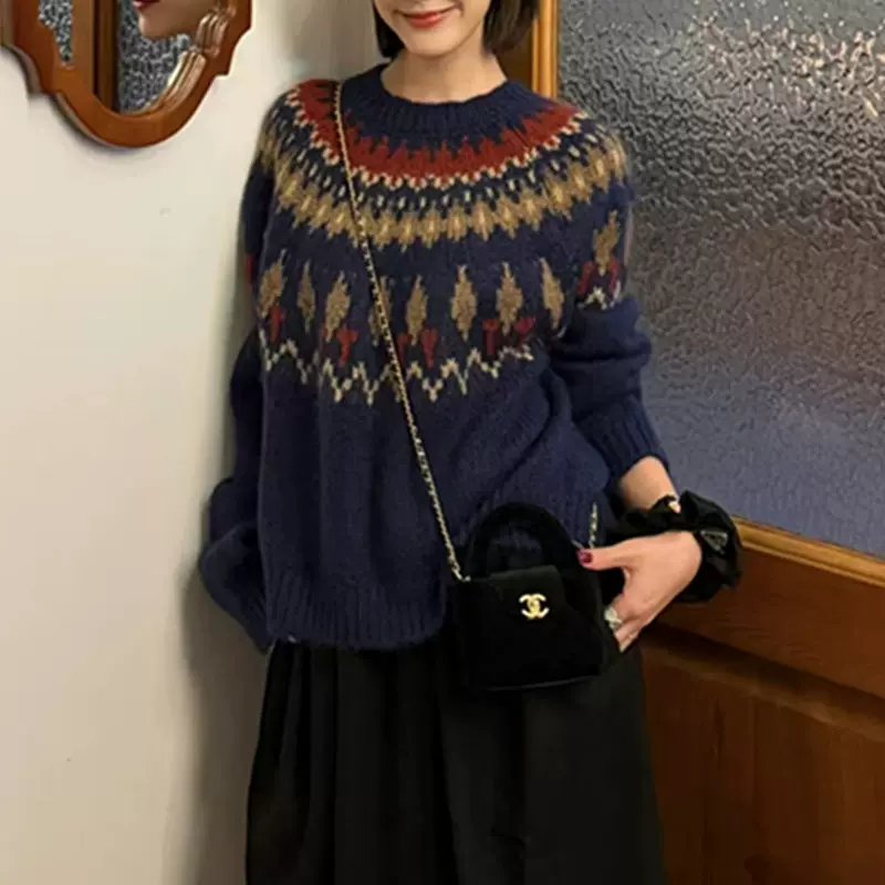 费尔岛毛衣女秋冬季新款日系甜美宽松慵懒风圣诞设计感套头针织衫