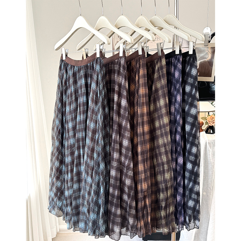 Vintage Plaid Mesh Skirt 2026 Spring/Summer High-Waisted Slimming Drapey A-Line Holiday Plaid Long Skirt