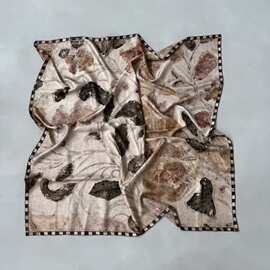 复古做旧花卉真丝方巾中古壁画印花丝巾棋盘格包边老钱风百搭围巾