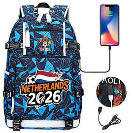 2026足球世界杯周边印花USB高初中学生书包男女休闲旅行双肩背包