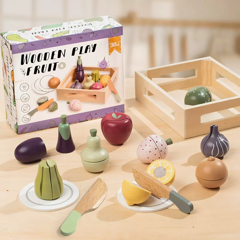 木制早教益智仿真14件餐具水果切切乐宝宝过家家厨房玩具