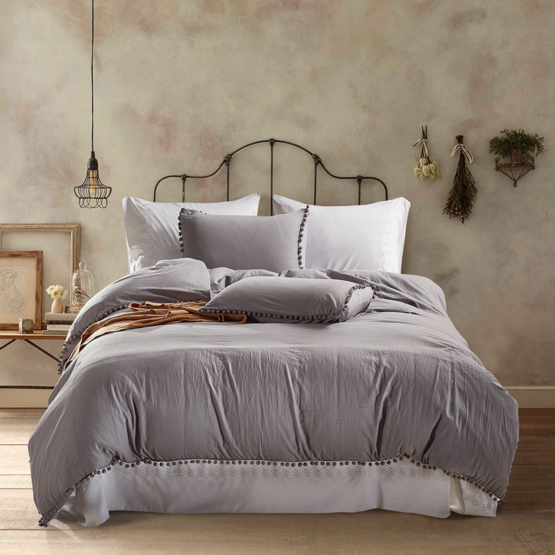 Bedding and home textile three piece set, solid color washed cotton hanging ball style duvet cover set_voghion.com