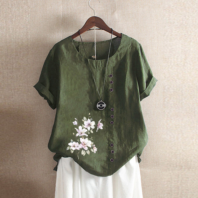 2023 in stock cross-border foreign trade spring new European and American women's flower button plus size cotton and linen shirt shirt shirt