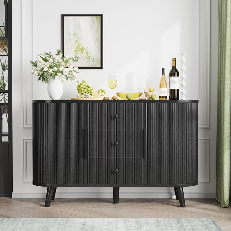 Modern Simple Light Luxury Style Walnut Color Sideboard Storage Cabinet Large Space Sliding Door Storage Home Restaurant Blister