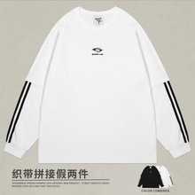 早秋新款拼接条纹织带长袖假两件T恤男女美式运动风宽松内搭上衣