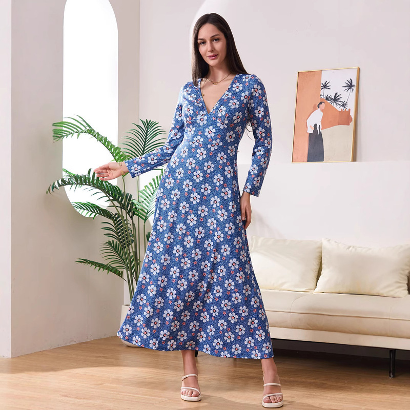 Cross-Border European and American Spring & Fall New Style Women's Small Flower Print Elegant Fashionable Deep V Neck Long-Sleeved Long Dress