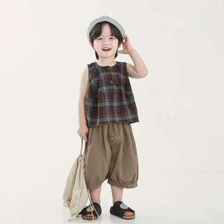 畅果服饰男童夏款背心外穿儿童复古格子花苞款上衣中小童无袖衬衣