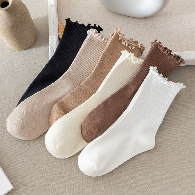 Fungus Edge Socks Women's Spring and Autumn Mid-tube Pure-cotton Stacking Socks with Loafers Instagram Style Lace Mid-tube Moon Socks Fungus Edge Socks Women's Spring and Autumn Mid-tube Pure-cotton Stacking Socks with Loafers Instagram Style Lace Mid-tube Moon Socks