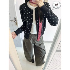 气质撞色波点针织开衫女春秋季小众慵懒风高级感毛衣纽扣外套上衣